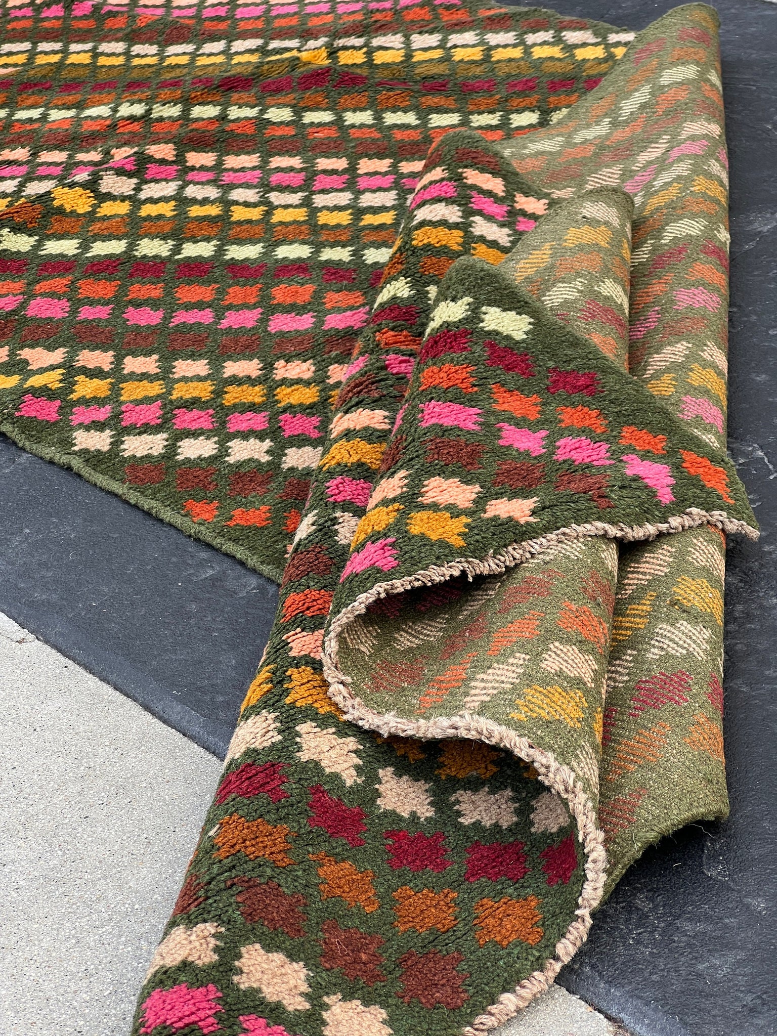 3x10 (90x305) Handmade Vintage Baluch Afghan Runner Rug | Fern Green Blush Pink Turquoise Blue Mustard Rose Pink Chocolate | Geometric Wool