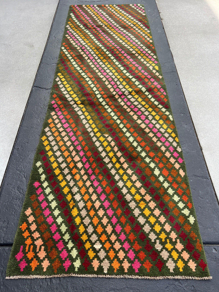 3x10 (90x305) Handmade Vintage Baluch Afghan Runner Rug | Fern Green Blush Pink Turquoise Blue Mustard Rose Pink Chocolate | Geometric Wool