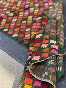 3x10 (90x305) Handmade Vintage Baluch Afghan Runner Rug Pine Green Rose Blush Pink Turquoise Mustard Yellow Orange Chocolate Geometric Wool