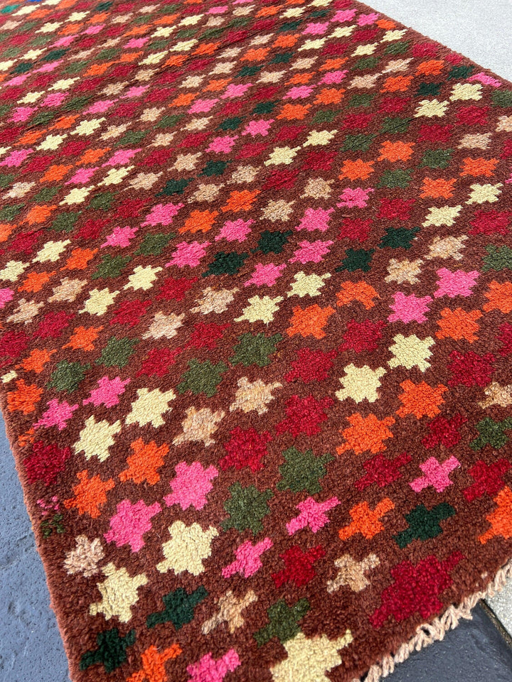 3x10 (90x305) Handmade Vintage Baluch Afghan Runner Rug | Umber Mauve Brown Blush Pink Pine Moss Green Cream Beige Crimson Red Burnt Orange