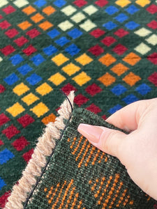 3x9 (90x275) Handmade Vintage Baluch Afghan Runner Rug | Pine Green Crimson Red Ivory Mustard Yellow Blue Burnt Orange | Hand Knotted Wool