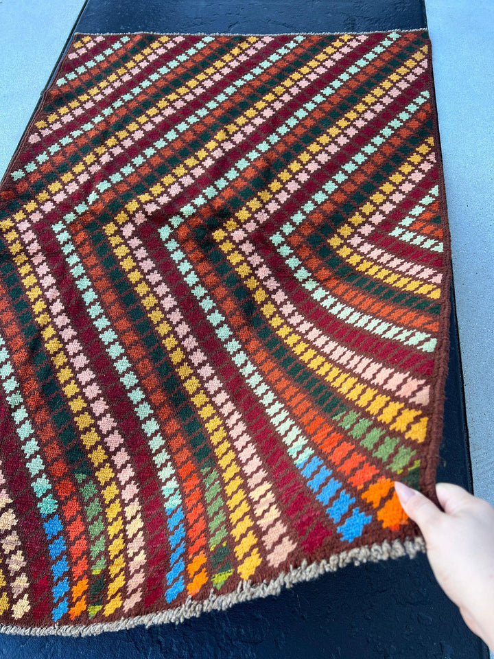 4x6 (120x185) Handmade Vintage Baluch Afghan Rug | Chocolate Brown Turquoise Mustard Yellow Pine Green Royal Blue Burnt Orange Crimson Red