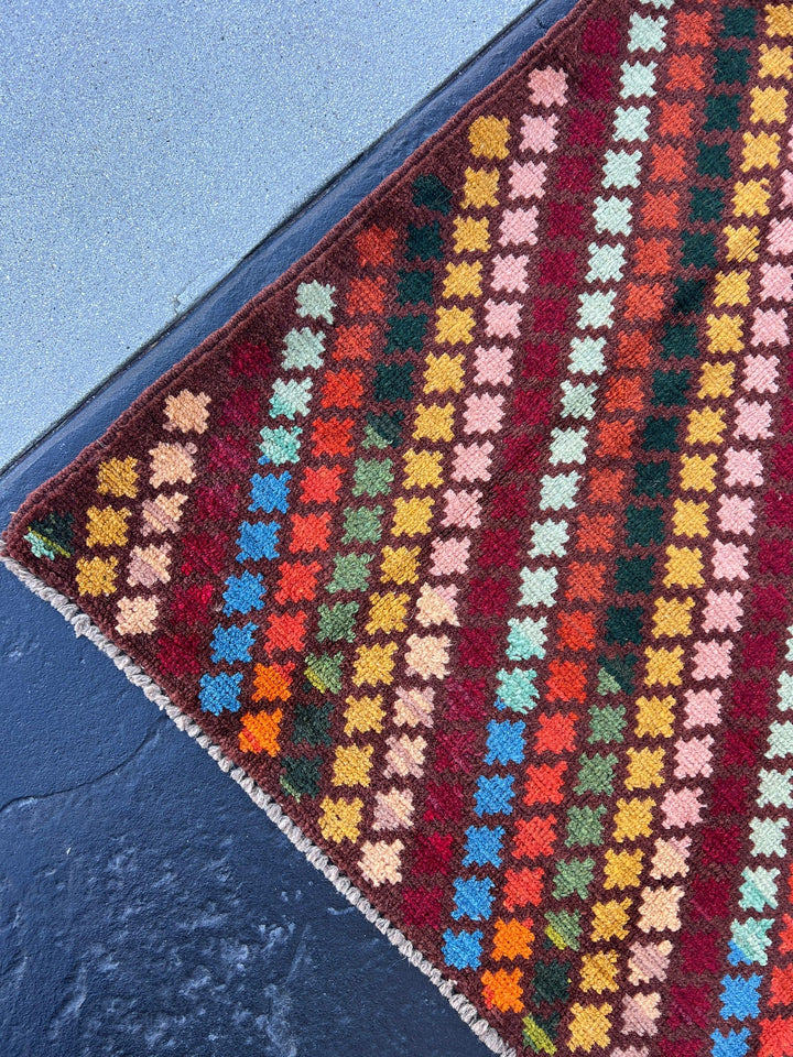 4x6 (120x185) Handmade Vintage Baluch Afghan Rug | Chocolate Brown Turquoise Mustard Yellow Pine Green Royal Blue Burnt Orange Crimson Red