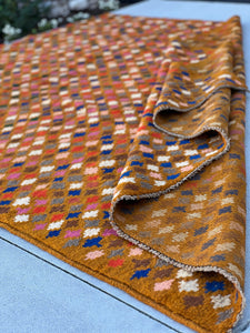 7x10 (215x305) Handmade Vintage Baluch Afghan Rug | Orange Ivory Rose Pink Chocolate Brown Blush Pink Grey Blue Burnt Orange Geometric Wool
