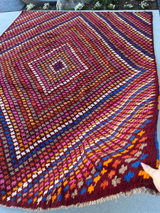 8x10 (245x305) Fair Trade Handmade Afghan Rug | Crimson Red Blue Ivory Golden Yellow Grey Blush Pink Orange | Hand Knotted Geometric Wool