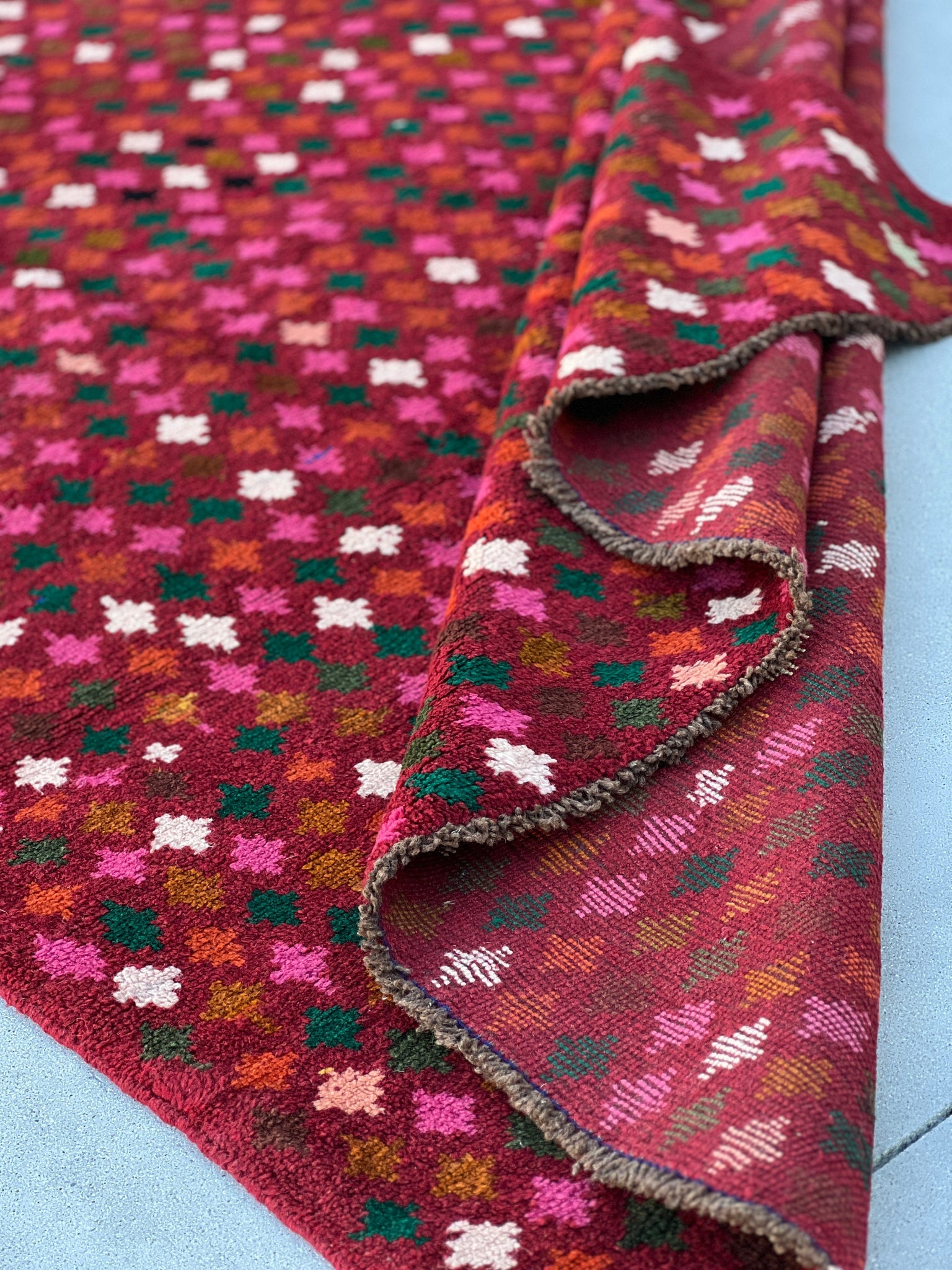7x10 (215x305) Handmade Vintage Baluch Afghan Rug | Crimson Red Orange Pine Green Ivory Olive Green Blush Pink Chocolate Black | Geometric