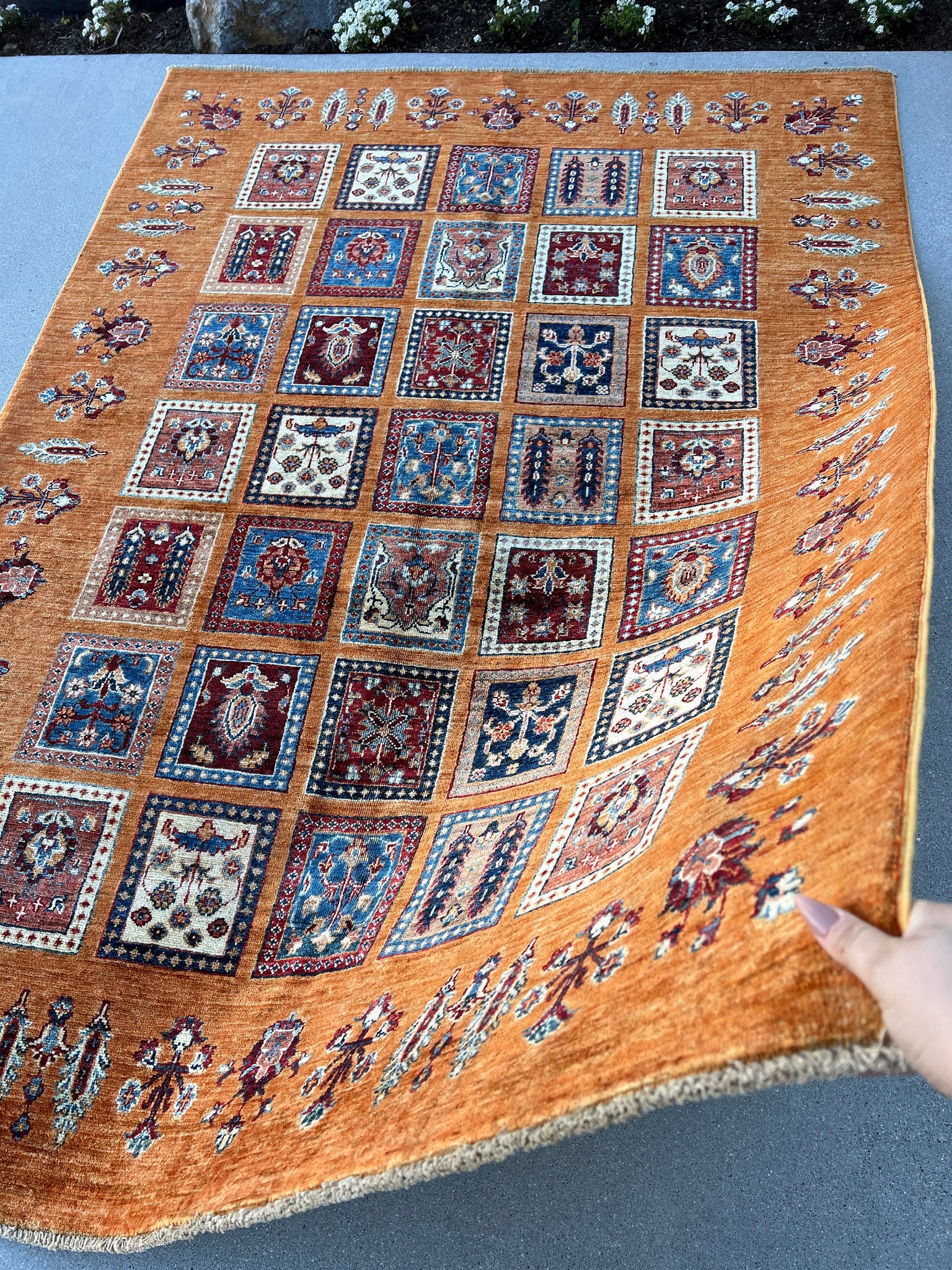 5x7 (150x215) Fair Trade Handmade Afghan Rug | Orange Denim Blue Cream Beige Crimson Red Brown Navy Blue | Floral Hand Knotted Turkish Wool