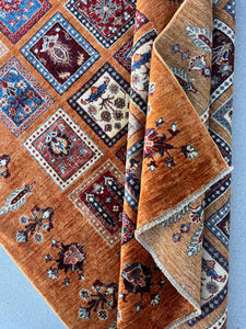 5x7 (150x215) Fair Trade Handmade Afghan Rug | Orange Denim Blue Cream Beige Crimson Red Brown Navy Blue | Floral Hand Knotted Turkish Wool