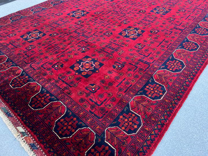 5x7 Fair Trade Handmade Afghan Rug | Cherry Red Burnt Orange Black Crimson Red Ivory Charcoal Grey | Hand Knotted Floral Wool