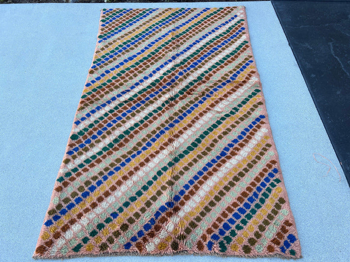 4x6 (120x185) Handmade Vintage Baluch Afghan Rug | Rose Pink Pine Green Golden Yellow Chocolate Turquoise Blue Ivory Golden Brown | Wool