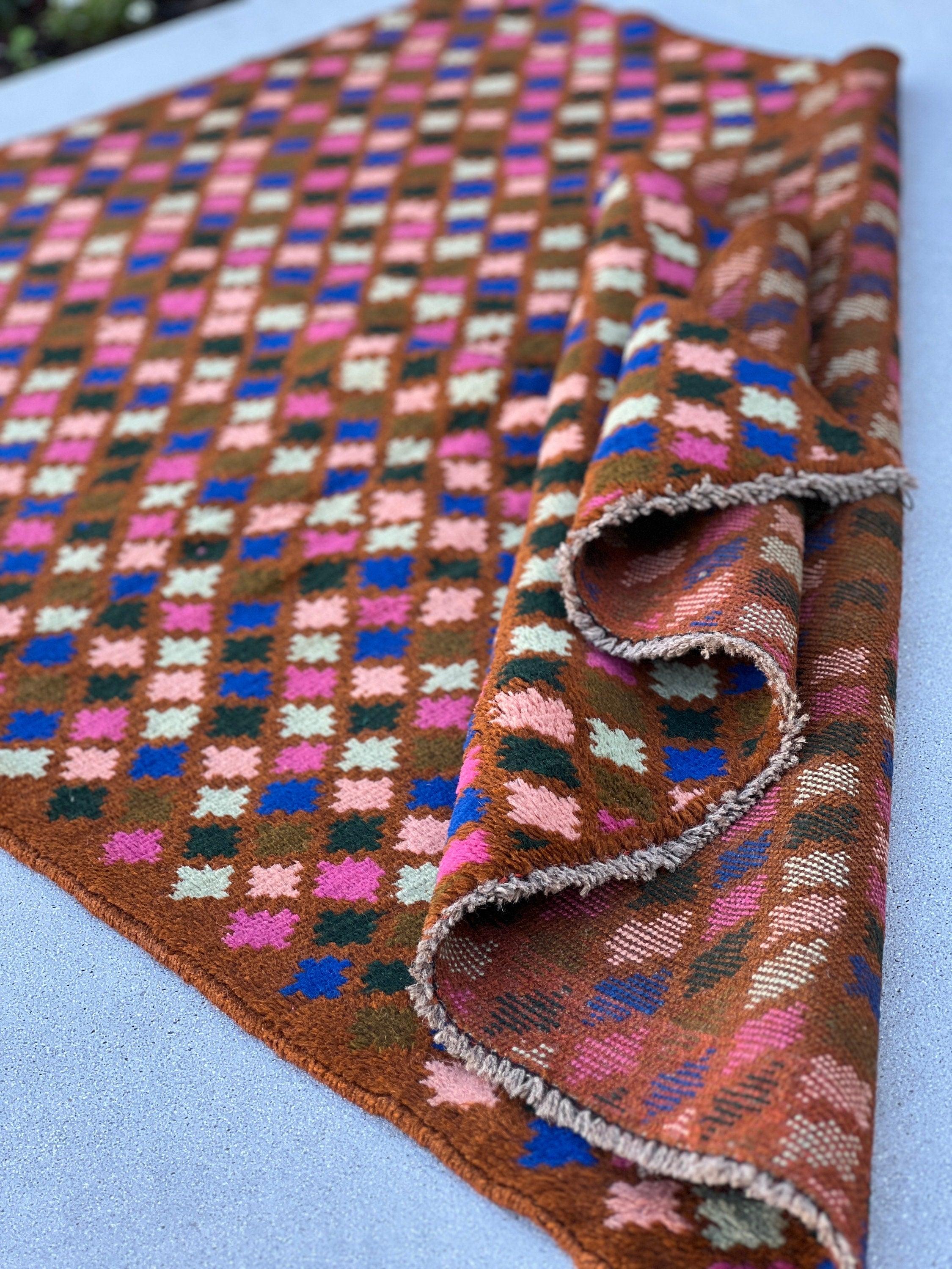 4x6 (120x185) Handmade Vintage Baluch Afghan Rug | Copper Brown Turquoise Black Chocolate Rose Blush Pink | Geometric Hand Knotted Wool