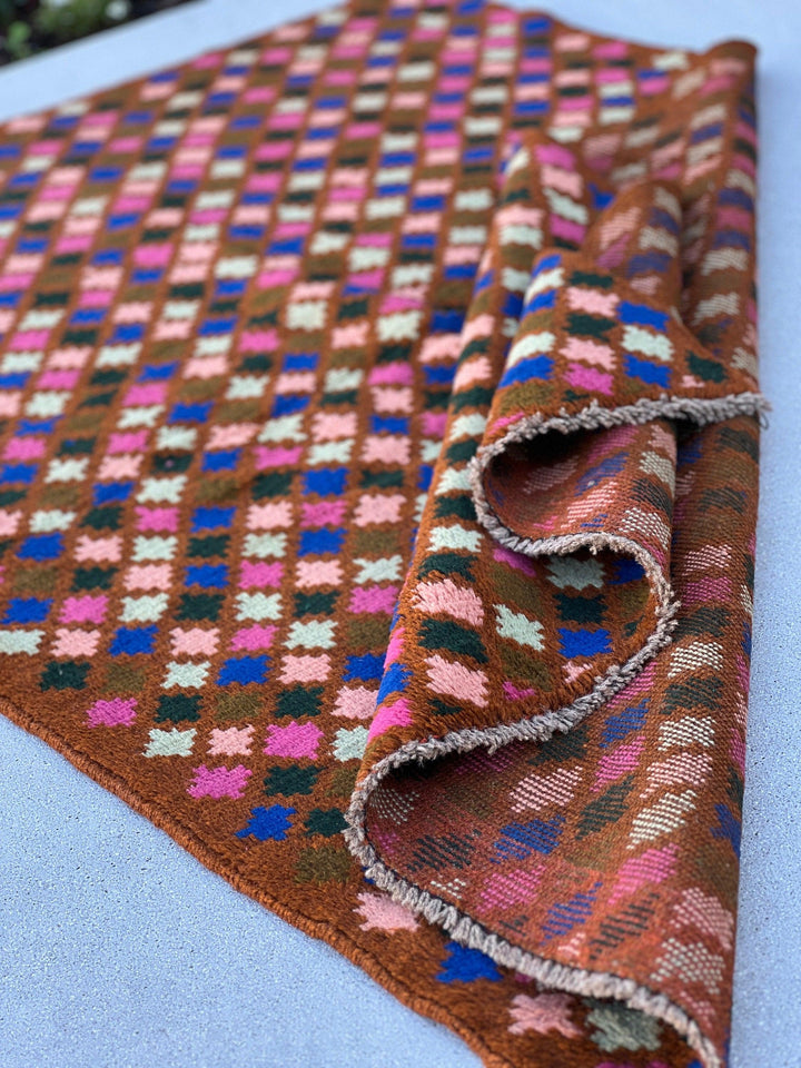 4x6 (120x185) Handmade Vintage Baluch Afghan Rug | Copper Brown Turquoise Black Chocolate Rose Blush Pink | Geometric Hand Knotted Wool