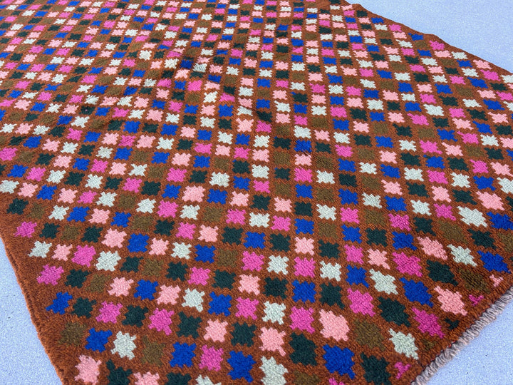 4x6 (120x185) Handmade Vintage Baluch Afghan Rug | Copper Brown Turquoise Black Chocolate Rose Blush Pink | Geometric Hand Knotted Wool