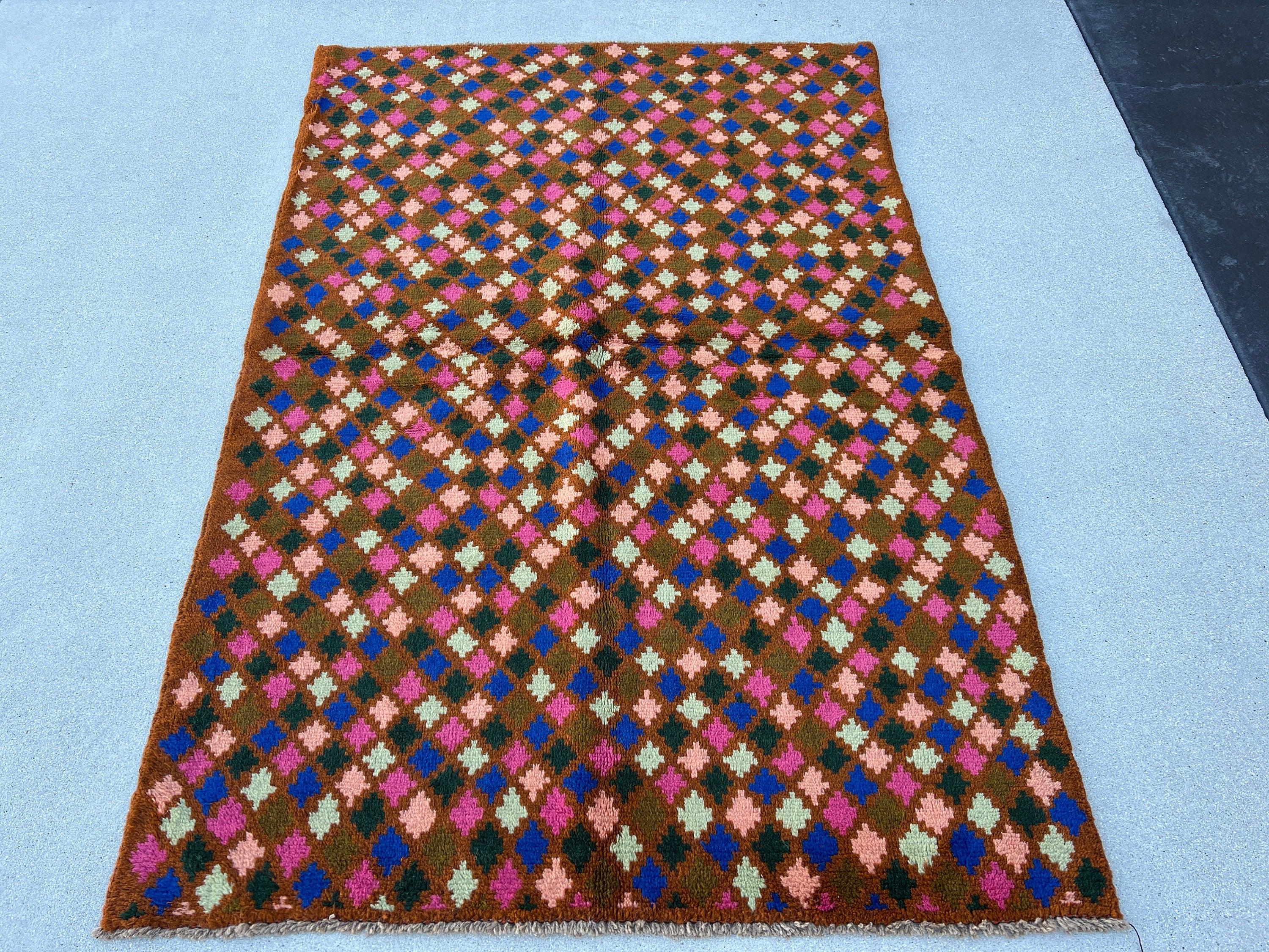 4x6 (120x185) Handmade Vintage Baluch Afghan Rug | Copper Brown Turquoise Black Chocolate Rose Blush Pink | Geometric Hand Knotted Wool