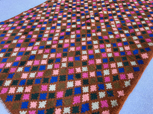 4x6 (120x185) Handmade Vintage Baluch Afghan Rug | Copper Brown Turquoise Black Chocolate Rose Blush Pink | Geometric Hand Knotted Wool