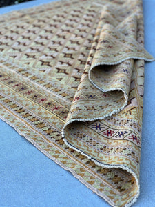5x6 (150x215) Handmade Afghan Rug | Cornsilk Beige Peach Mustard Yellow Cream Moss Green Blue Red | Geometric Wool Persian Wool Hand Knotted