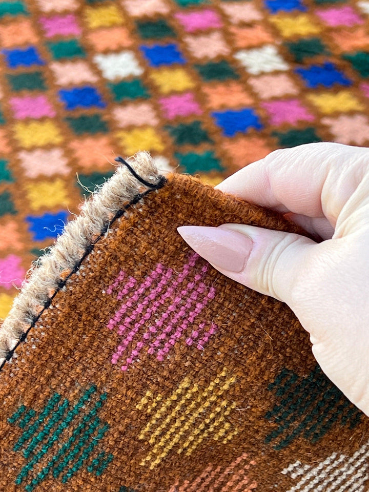 4x6 (120x185) Handmade Vintage Baluch Afghan Rug | Copper Brown Ivory Blue Pine Fern Green Rose Blush Pink | Geometric Hand Knotted Wool