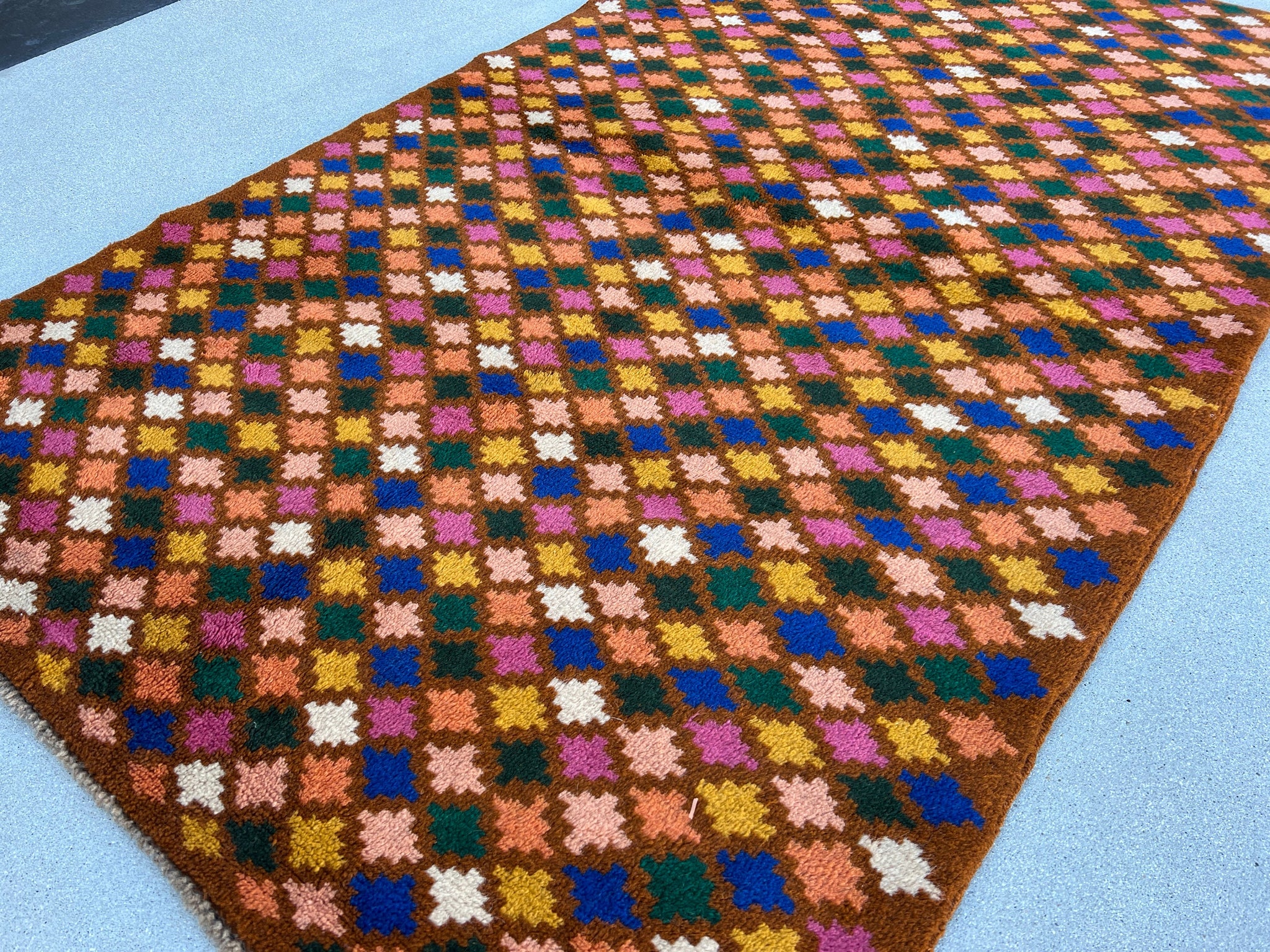 4x6 (120x185) Handmade Vintage Baluch Afghan Rug | Copper Brown Ivory Blue Pine Fern Green Rose Blush Pink | Geometric Hand Knotted Wool
