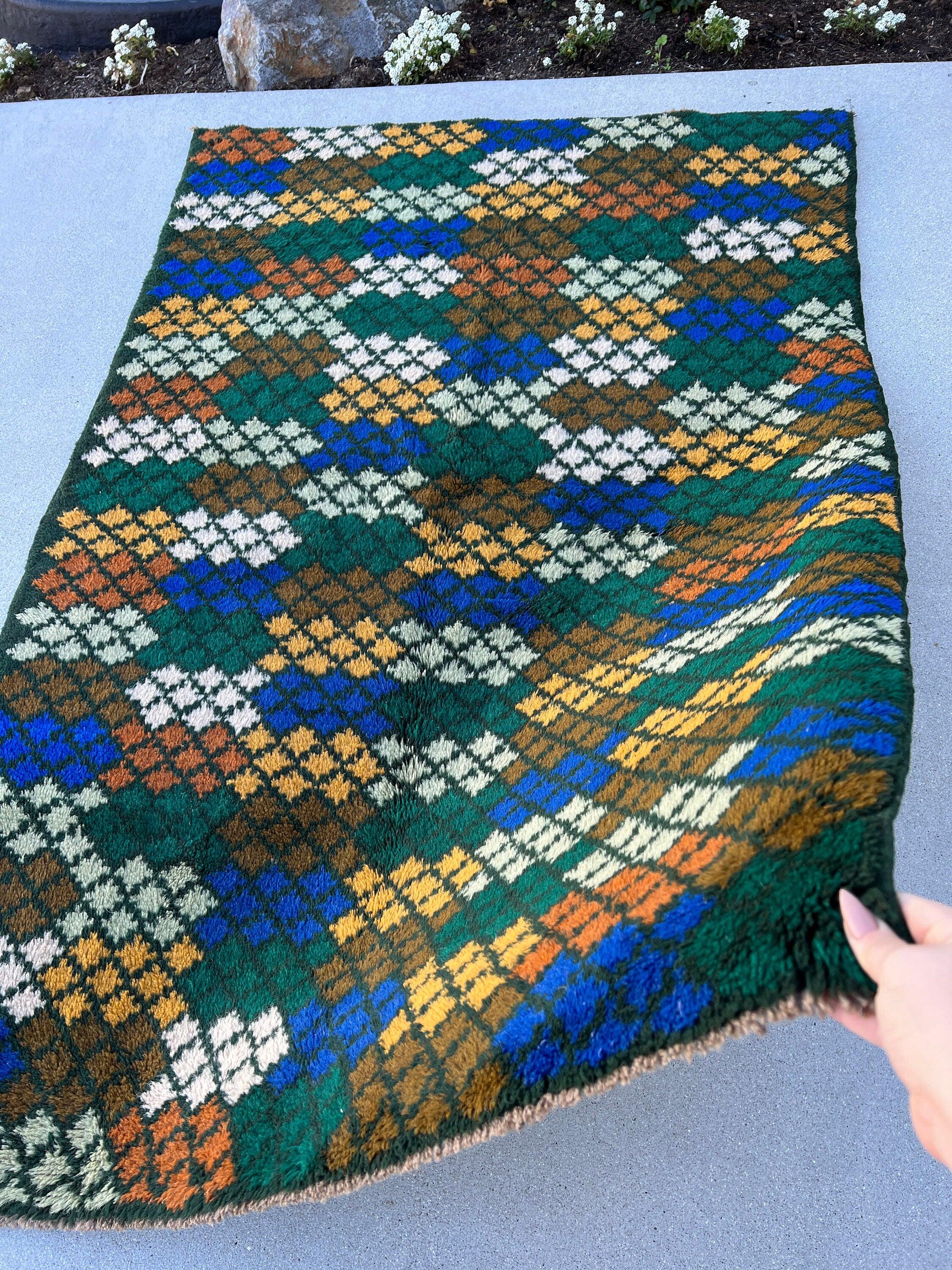 4x6 (120x185) Handmade Vintage Baluch Afghan Rug | Pine Green Blue Burnt Orange Ivory Chocolate Fern Green Golden Yellow | Geometric Wool