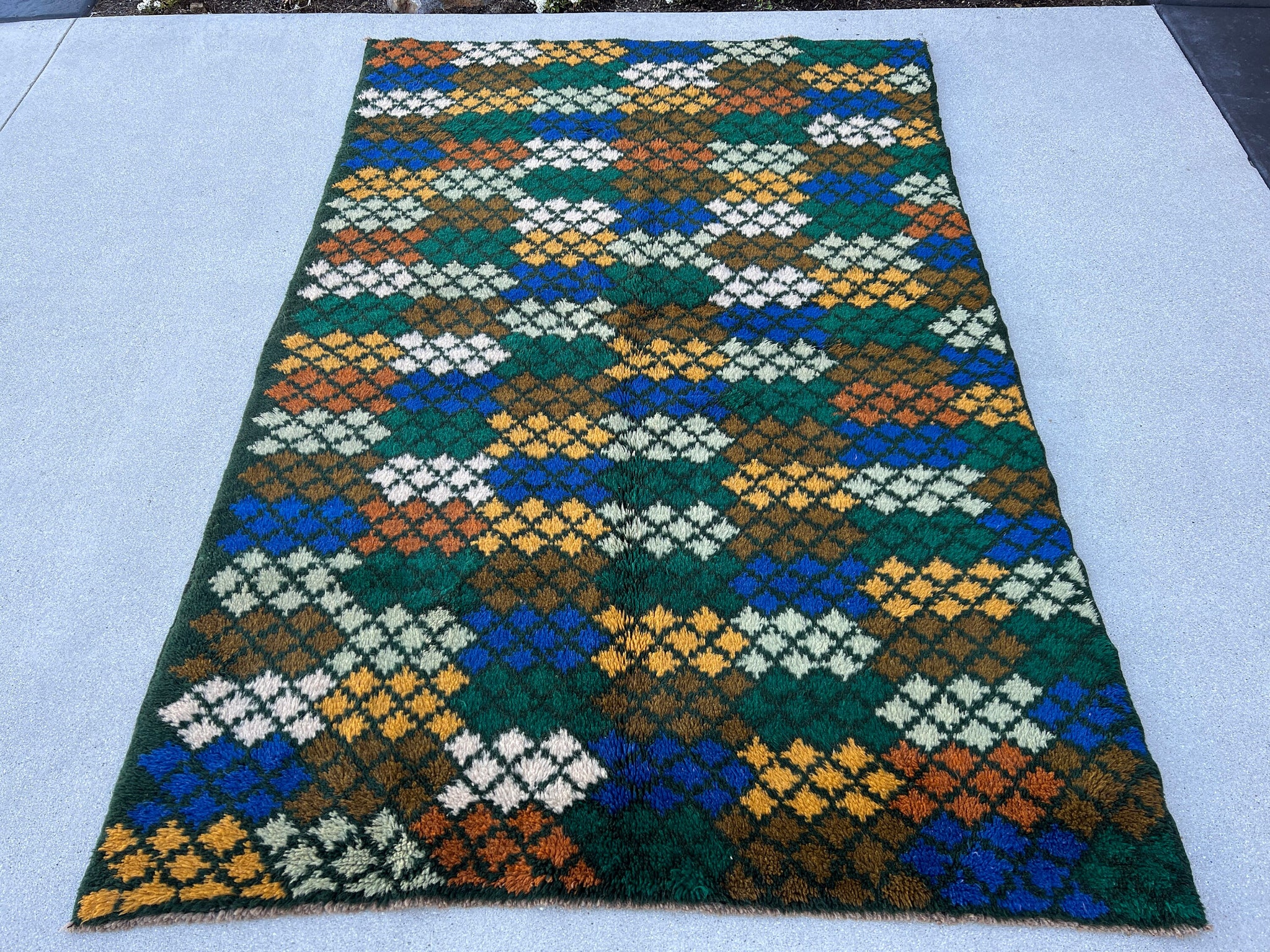 4x6 (120x185) Handmade Vintage Baluch Afghan Rug | Pine Green Blue Burnt Orange Ivory Chocolate Fern Green Golden Yellow | Geometric Wool