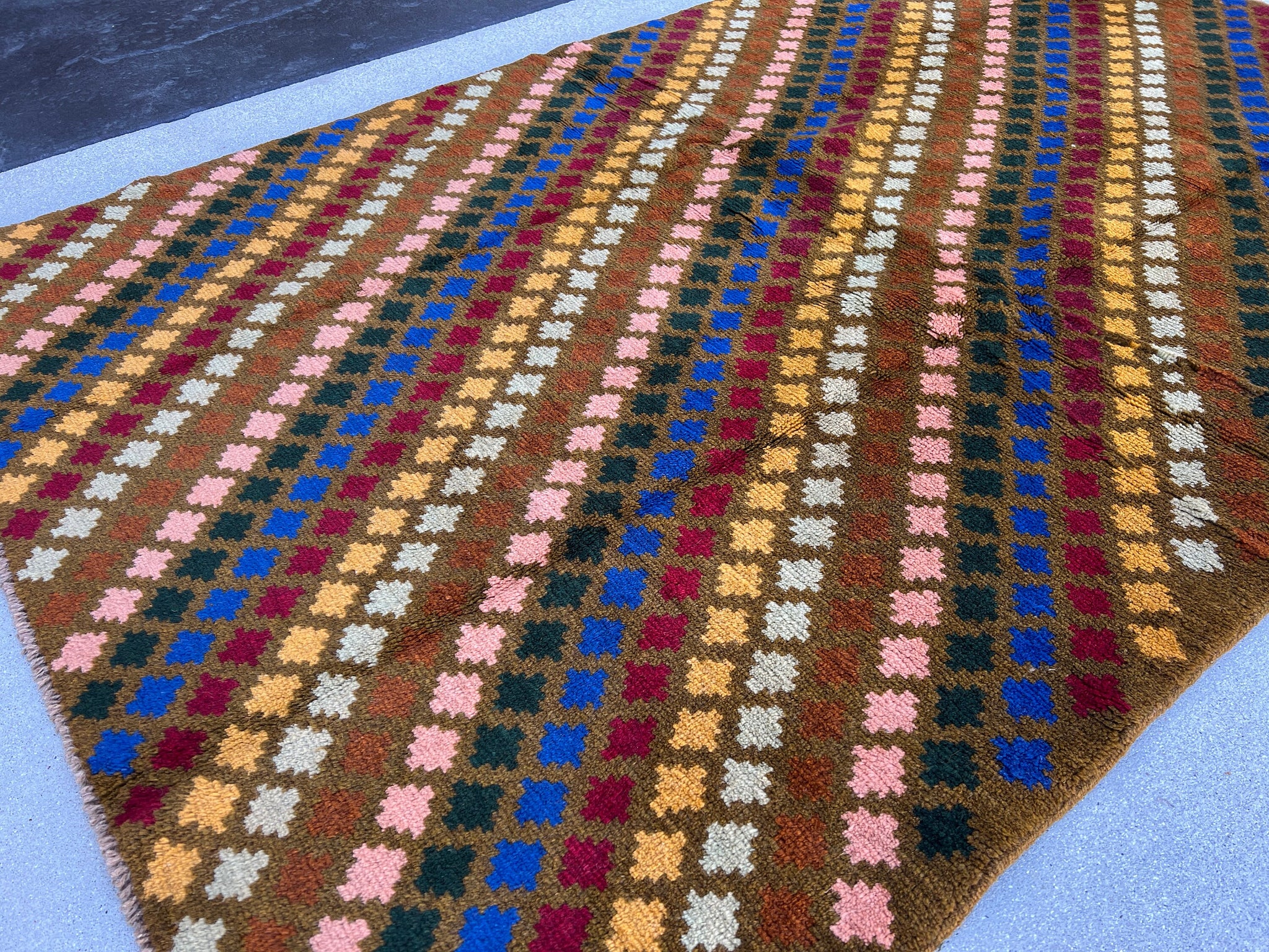 4x6 (120x185) Handmade Vintage Baluch Afghan Rug | Taupe Rose Pink Turquoise Pine Green Blue Golden Yellow Crimson Red Chocolate Brown Wool