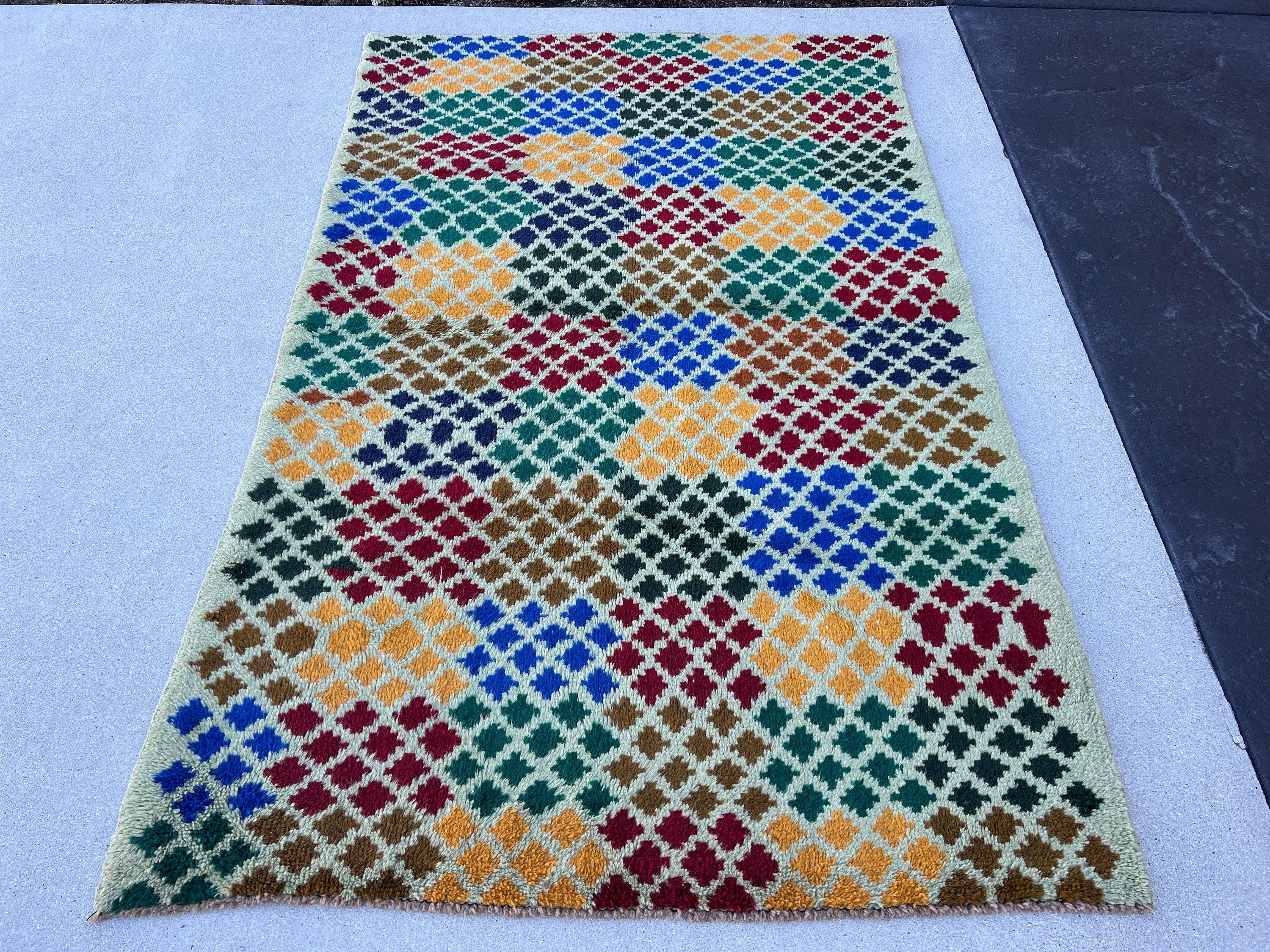 4x6 (120x185) Handmade Vintage Baluch Afghan Rug | Turquoise Crimson Red Moss Green Golden Yellow Blue Pine Green Blue Chocolate Brown Wool