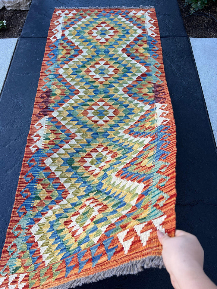 3x7 (100x200) Handmade Afghan Kilim Rug | Saffron Ivory Teal Pine Green Denim Blue Olive Green Eggplant Purple | Hand Knotted Wool