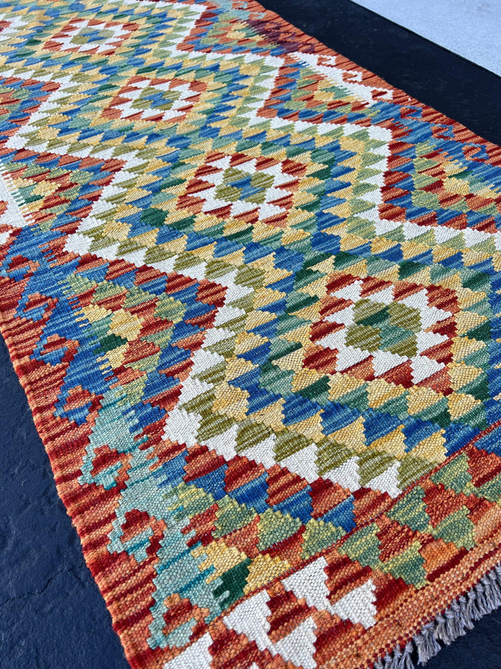 3x7 (100x200) Handmade Afghan Kilim Rug | Saffron Ivory Teal Pine Green Denim Blue Olive Green Eggplant Purple | Hand Knotted Wool