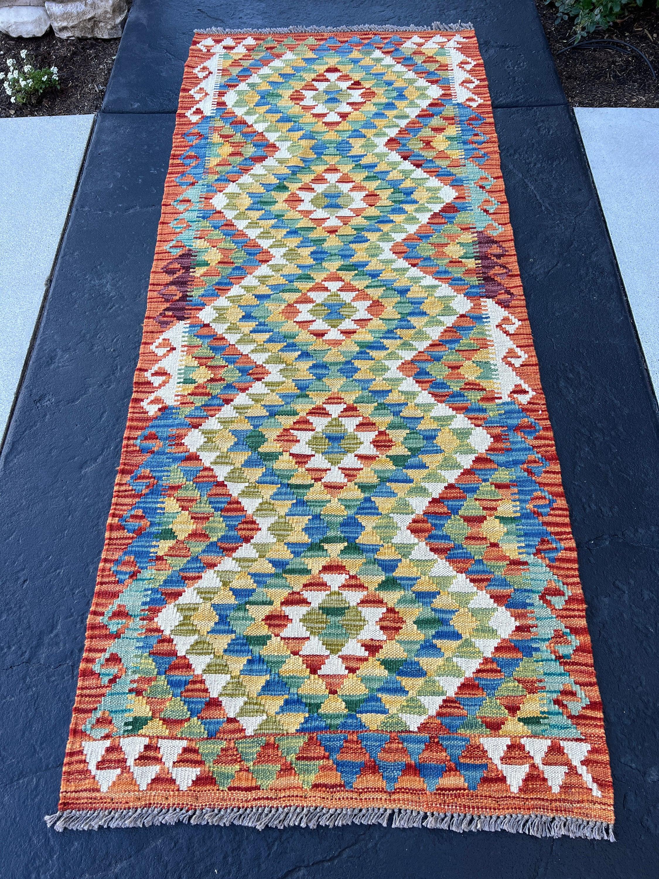 3x7 (100x200) Handmade Afghan Kilim Rug | Saffron Ivory Teal Pine Green Denim Blue Olive Green Eggplant Purple | Hand Knotted Wool