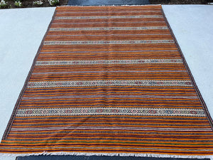 5x7 (150x215) Handmade Afghan Rug | Burnt Orange Crimson Red Sky Blue Mustard Yellow Lime Green Cream Beige Rose Pink | Geometric Kilim Wool