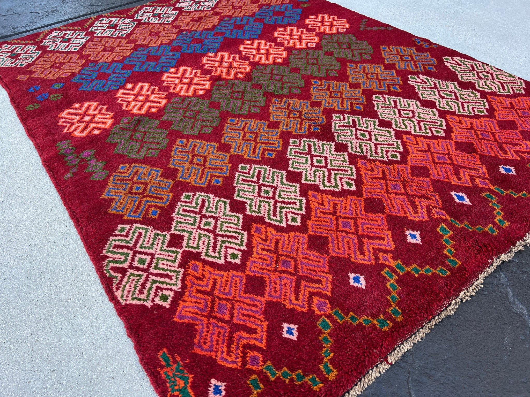 4x6 (120x185) Handmade Vintage Baluch Afghan Rug | Blood Red Fern Green Burnt Orange Rose Pink Purple Ivory Blue Pine Green | Geometric Wool
