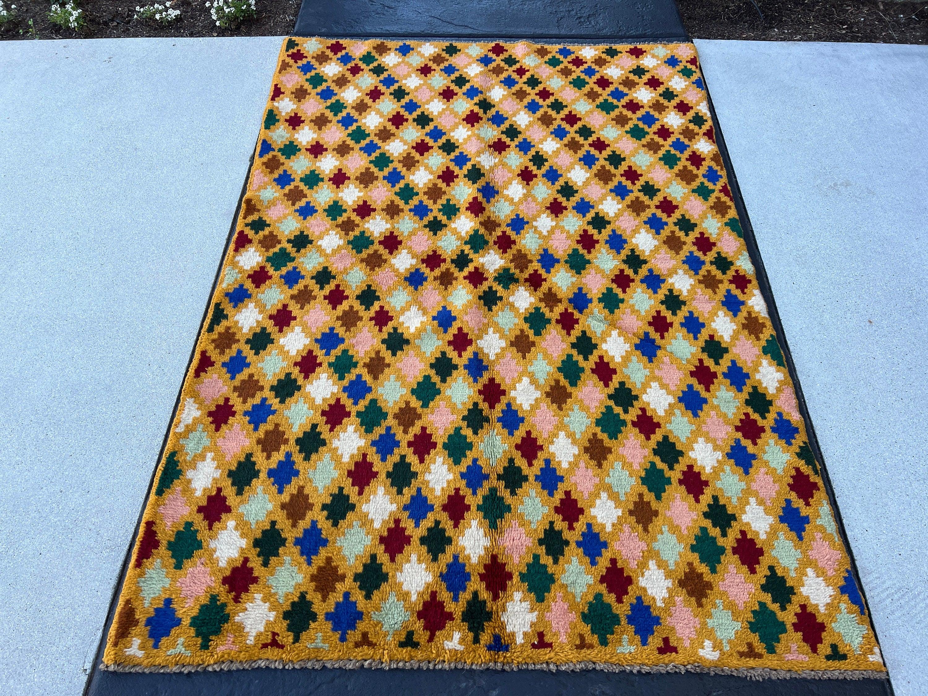 4x6 (120x185) Handmade Vintage Baluch Afghan Rug | Golden Yellow Turquoise Blue Crimson Red Ivory Chocolate Brown Pine Green Rose Pink Wool