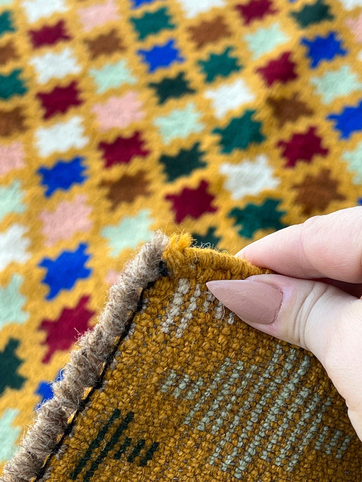 4x6 (120x185) Handmade Vintage Baluch Afghan Rug | Golden Yellow Turquoise Blue Crimson Red Ivory Chocolate Brown Pine Green Rose Pink Wool