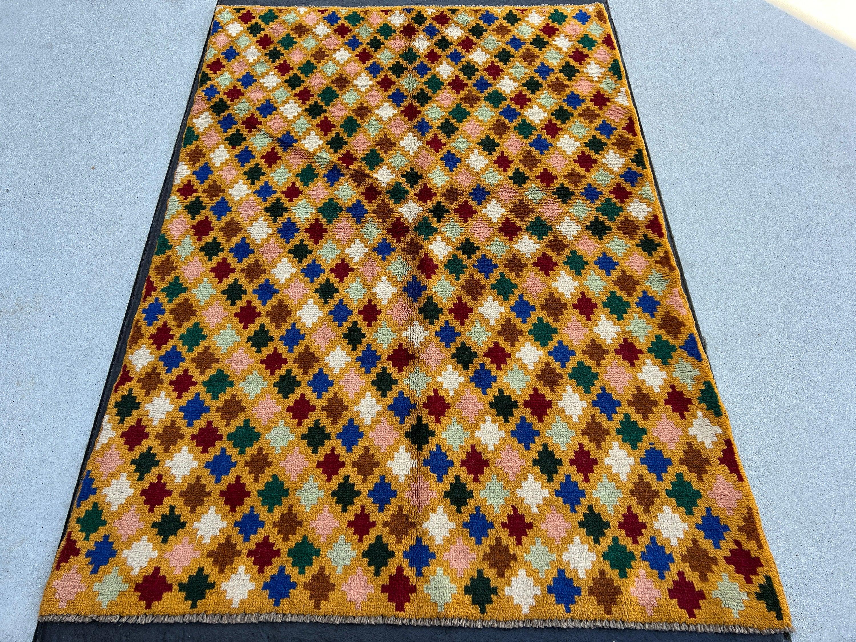 4x6 (120x185) Handmade Vintage Baluch Afghan Rug | Golden Yellow Turquoise Blue Crimson Red Ivory Chocolate Brown Pine Green Rose Pink Wool