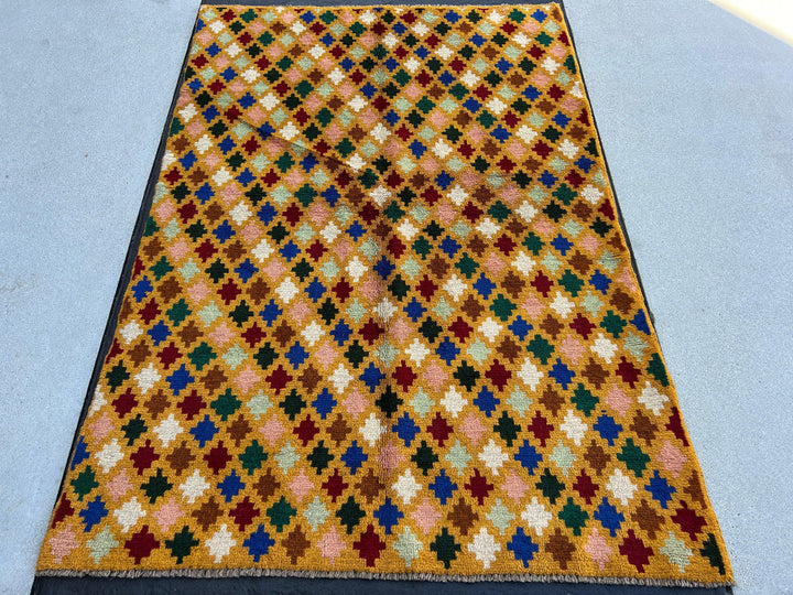 4x6 (120x185) Handmade Vintage Baluch Afghan Rug | Golden Yellow Turquoise Blue Crimson Red Ivory Chocolate Brown Pine Green Rose Pink Wool