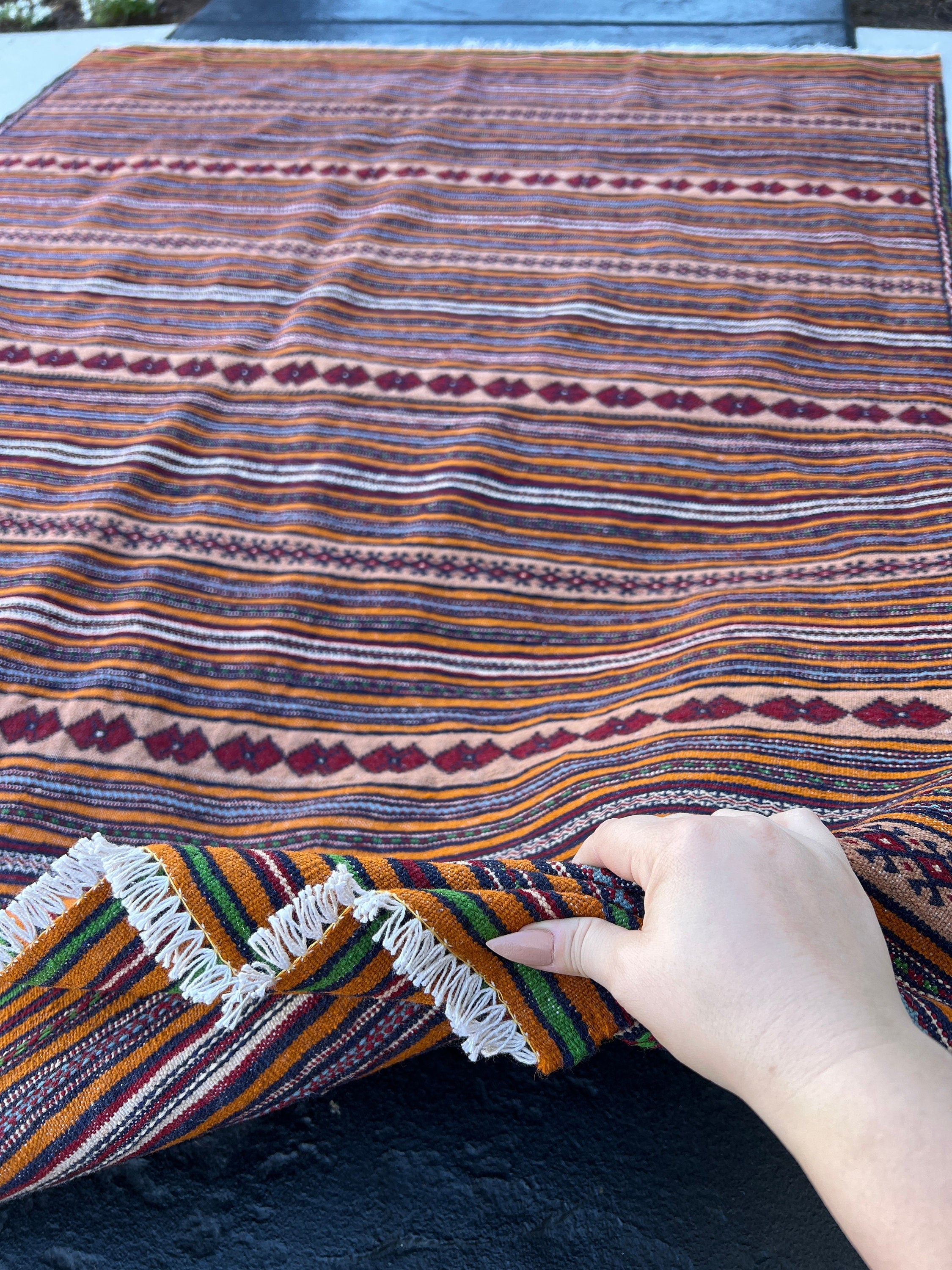5x6 (150x180) Handmade Afghan Rug | Orange Crimson Red Light Blue Ivory Lime Green Taupe | Hand Knotted Geometric Persian Turkish Wool Boho