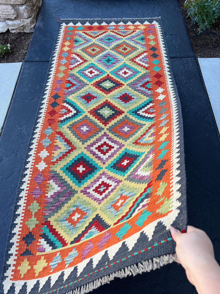 3x7 Handmade Afghan Kilim Runner Rug | Midnight Blue Burnt Orange Cornsilk Purple Ivory Turquoise Wine Red Charcoal Grey Sage Green | Wool