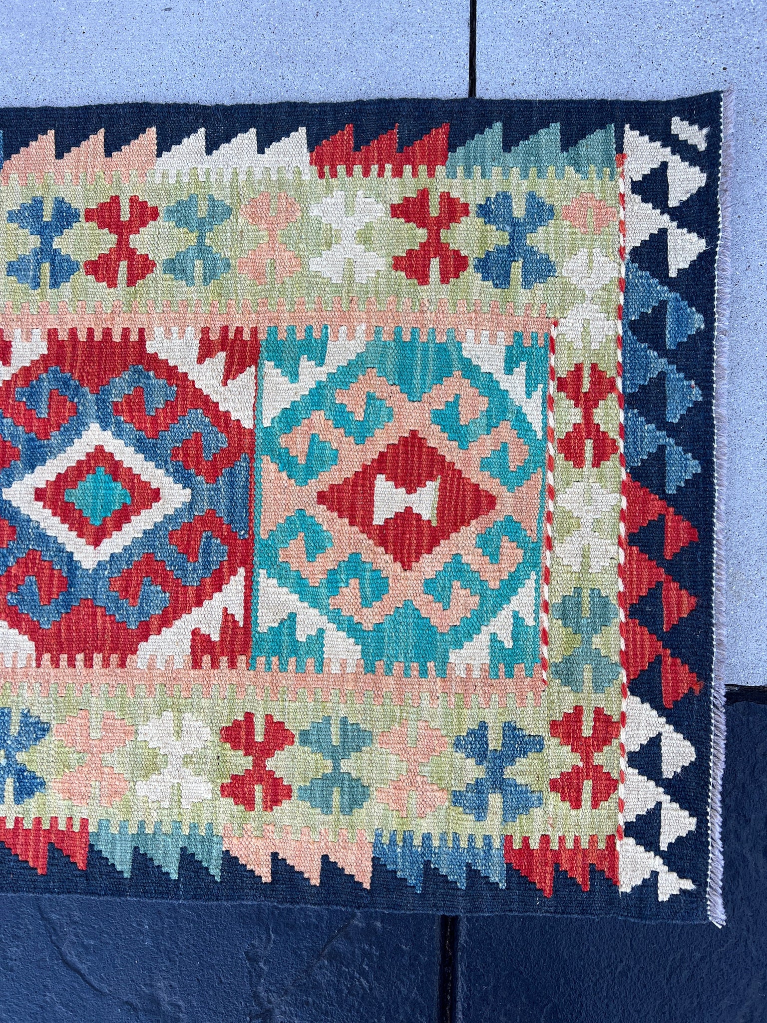 2x10~3x10 (90x335) Handmade Afghan Kilim Rug | Rose Pink Blood Red Teal Turquoise Ivory Olive Green Black | Hand Knotted Geometric Wool