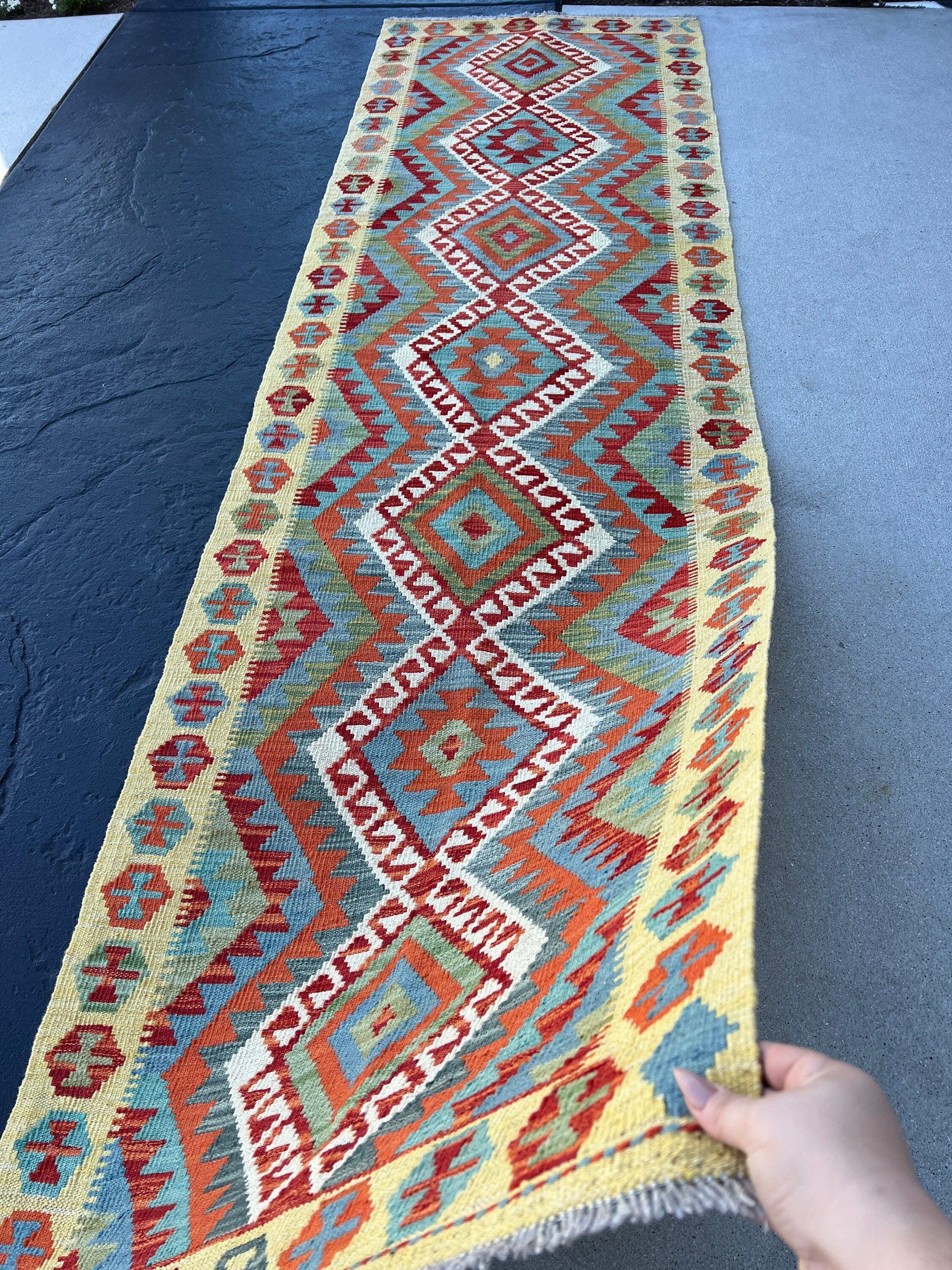 3x10 (90x335) Handmade Afghan Kilim Runner Rug | Teal Burnt Orange Ivory Blood Red Moss Green Olive Green | Hand Knotted Geometric Wool