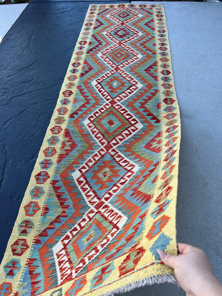 3x10 (90x335) Handmade Afghan Kilim Runner Rug | Teal Burnt Orange Ivory Blood Red Moss Green Olive Green | Hand Knotted Geometric Wool