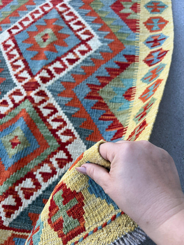 3x10 (90x335) Handmade Afghan Kilim Runner Rug | Teal Burnt Orange Ivory Blood Red Moss Green Olive Green | Hand Knotted Geometric Wool