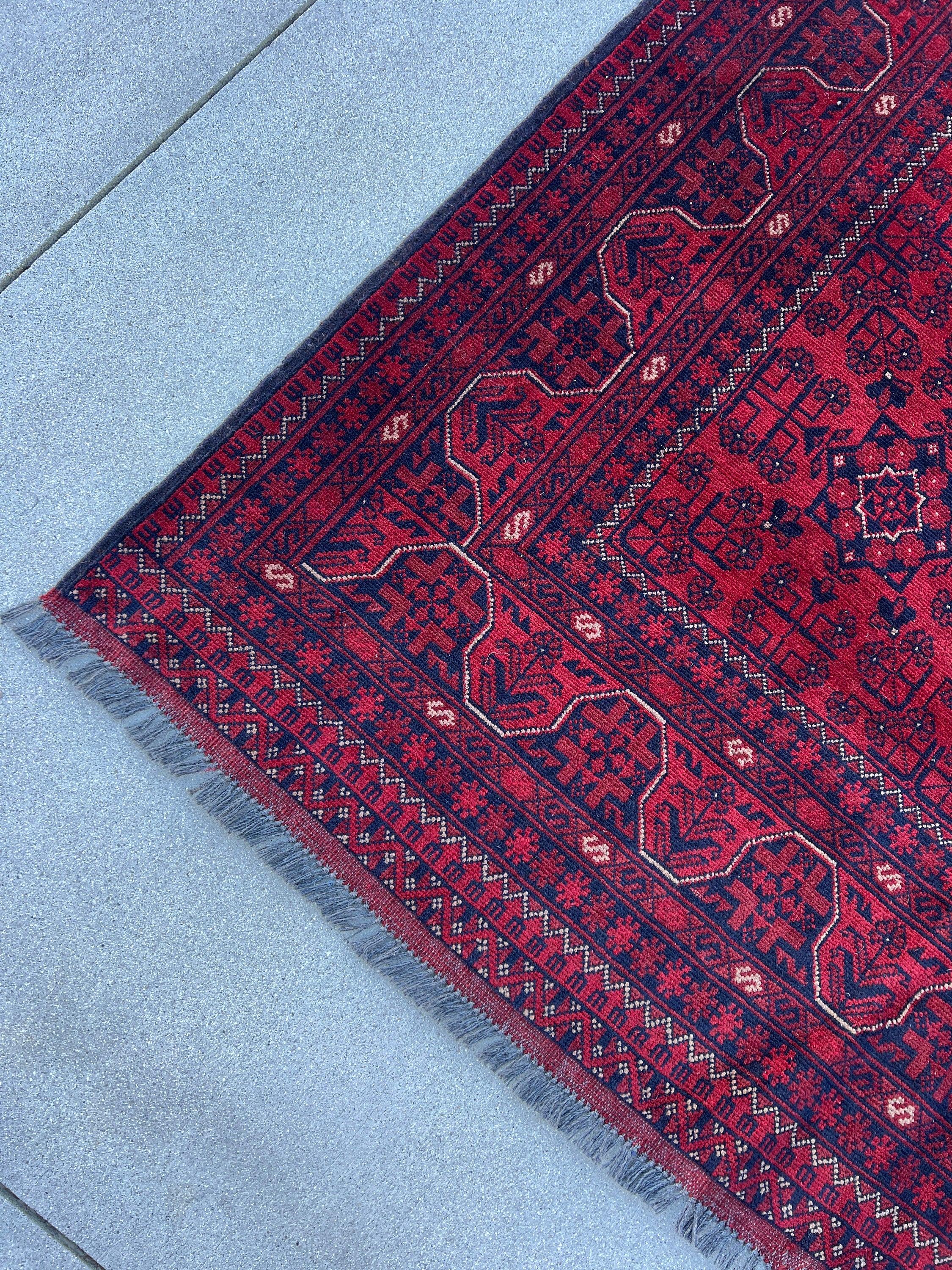 6x8 (180x245) Handmade Afghan Rug | Blood Crimson Red Indigo Charcoal Grey Ivory | Hand Knotted Floral Persian Turkish Wool