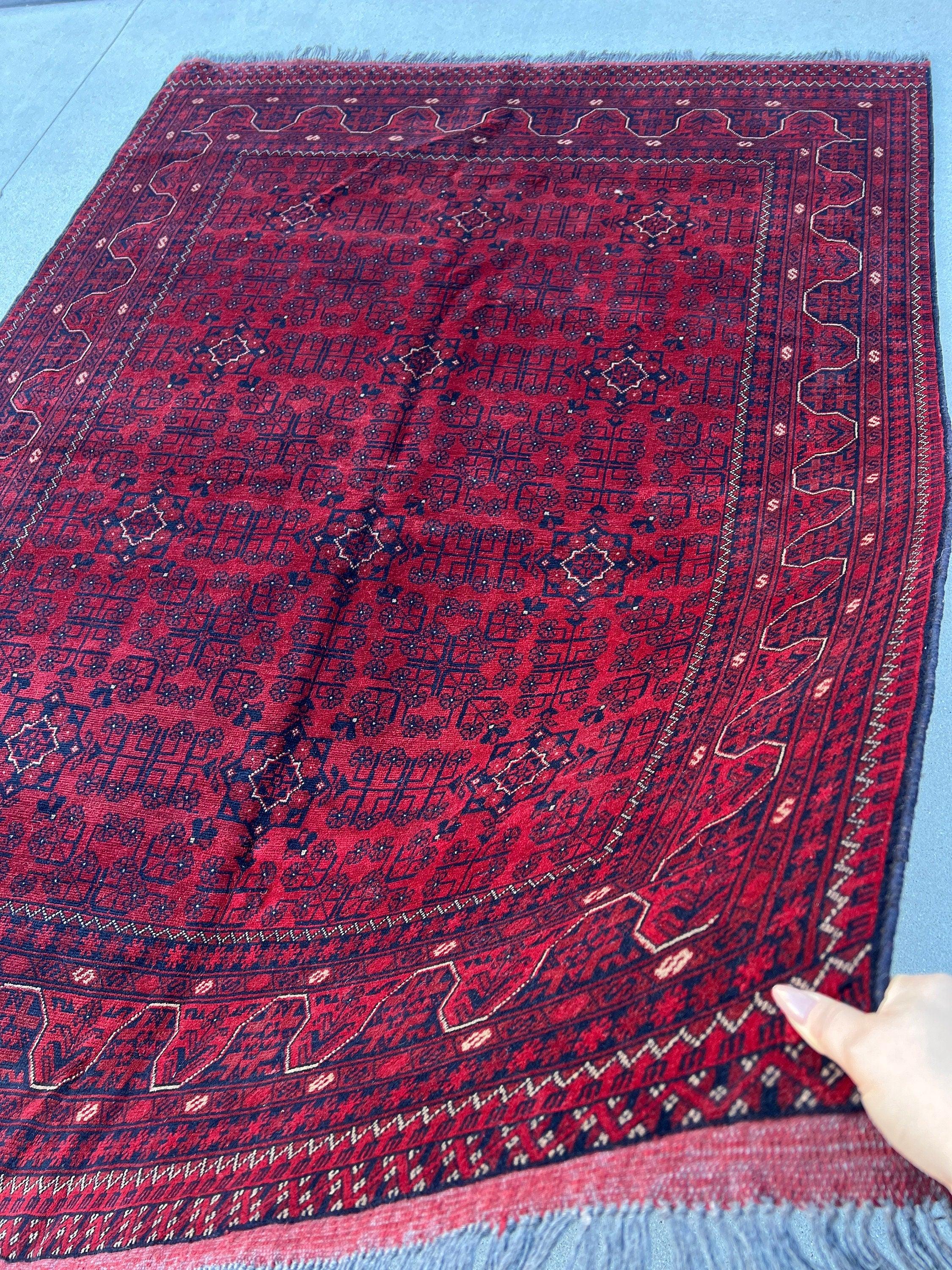 6x8 (180x245) Handmade Afghan Rug | Blood Crimson Red Indigo Charcoal Grey Ivory | Hand Knotted Floral Persian Turkish Wool