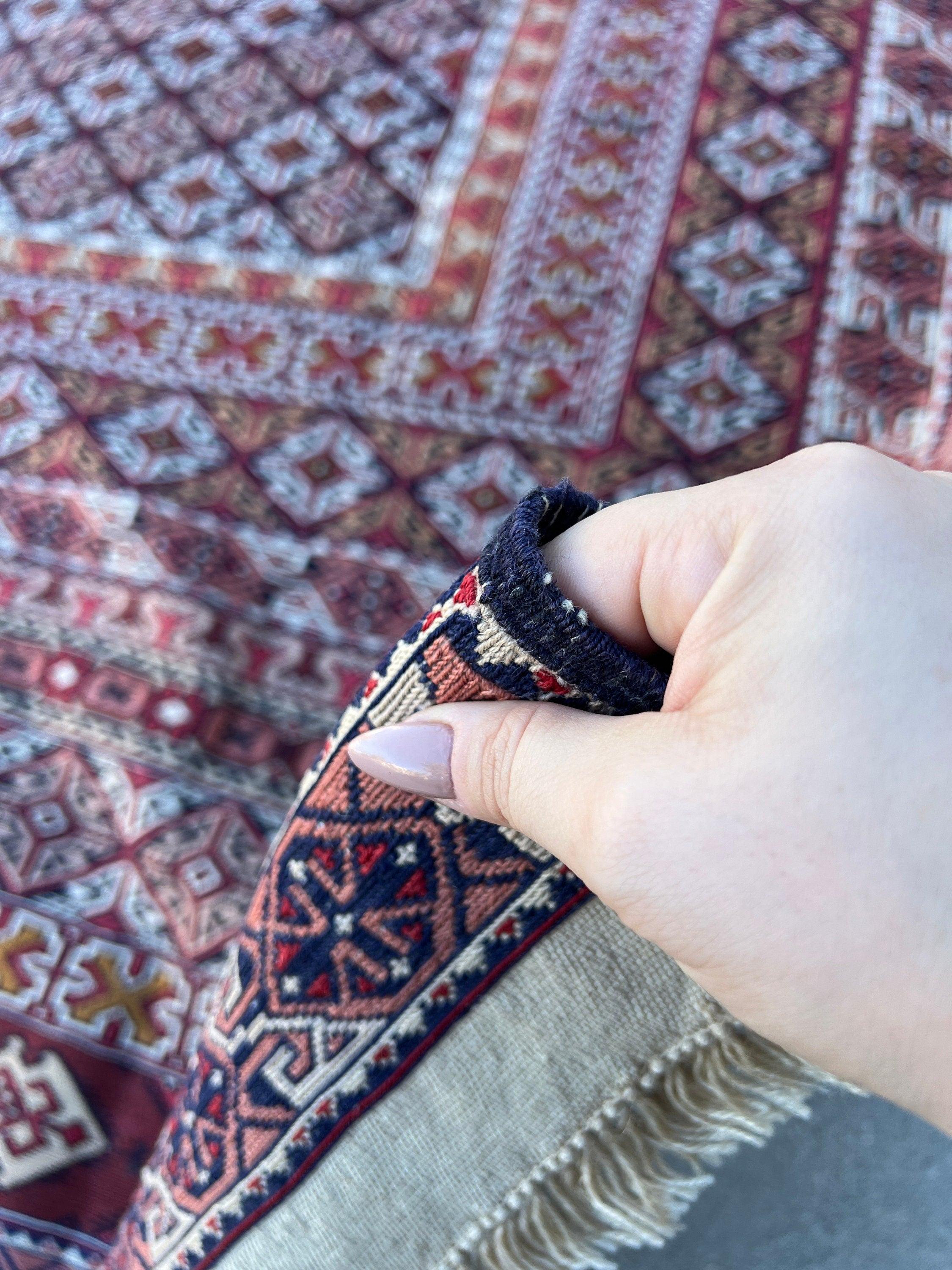 7x9 (215x305) Handmade Vintage Afghan Soumak Rug | Cherry Red Mustard Yellow Ivory Salmon Pink Coral Orange | Hand Knotted Persian Turkish