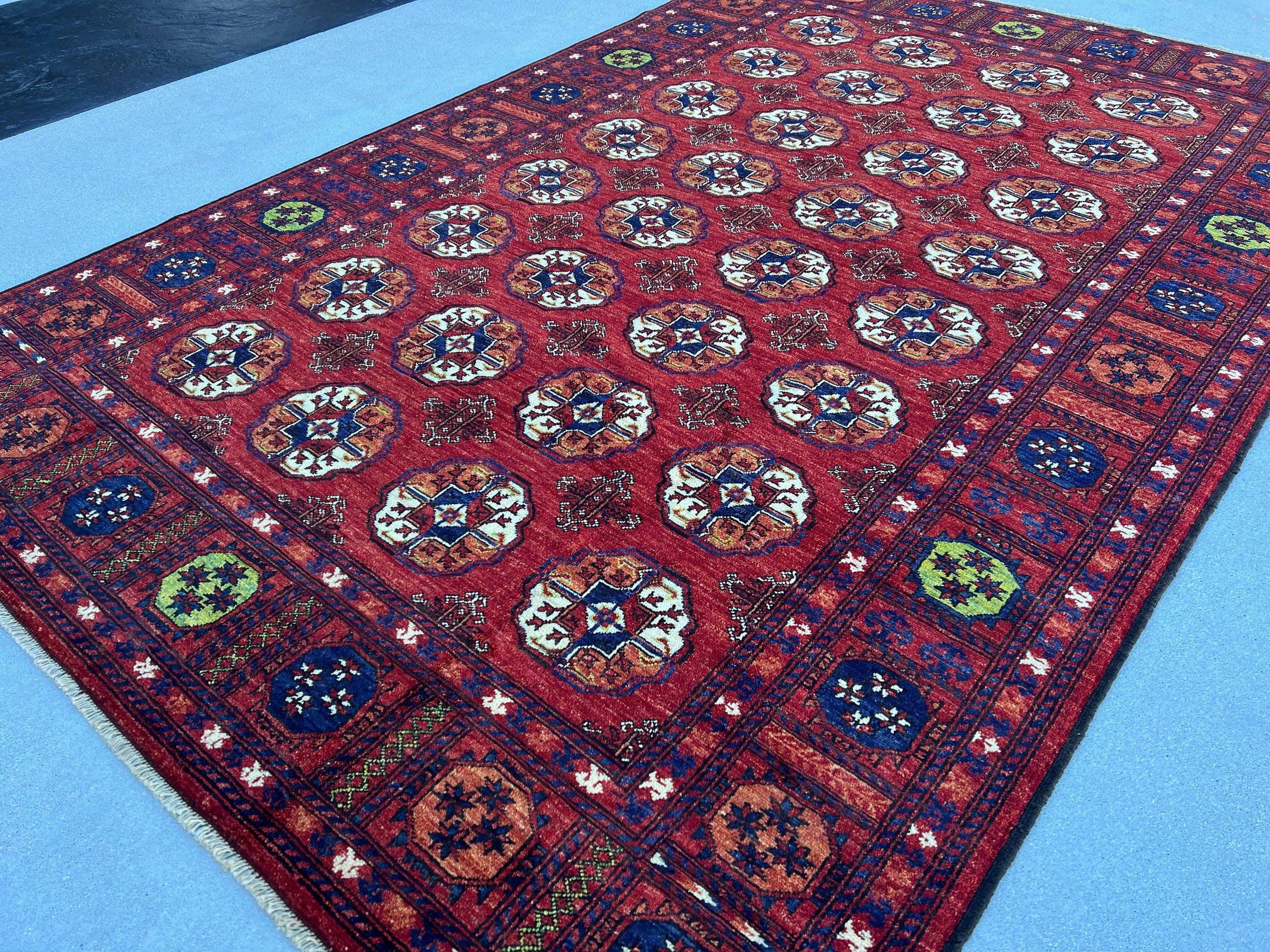 7x10 (210x322) Fair Trade Handmade Afghan Rug | Blood Red Midnight Blue Olive Green Burnt Orange Ivory | Hand Knotted Wool Turkmen Turkoman