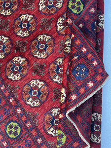 7x10 (210x322) Fair Trade Handmade Afghan Rug | Blood Red Midnight Blue Olive Green Burnt Orange Ivory | Hand Knotted Wool Turkmen Turkoman