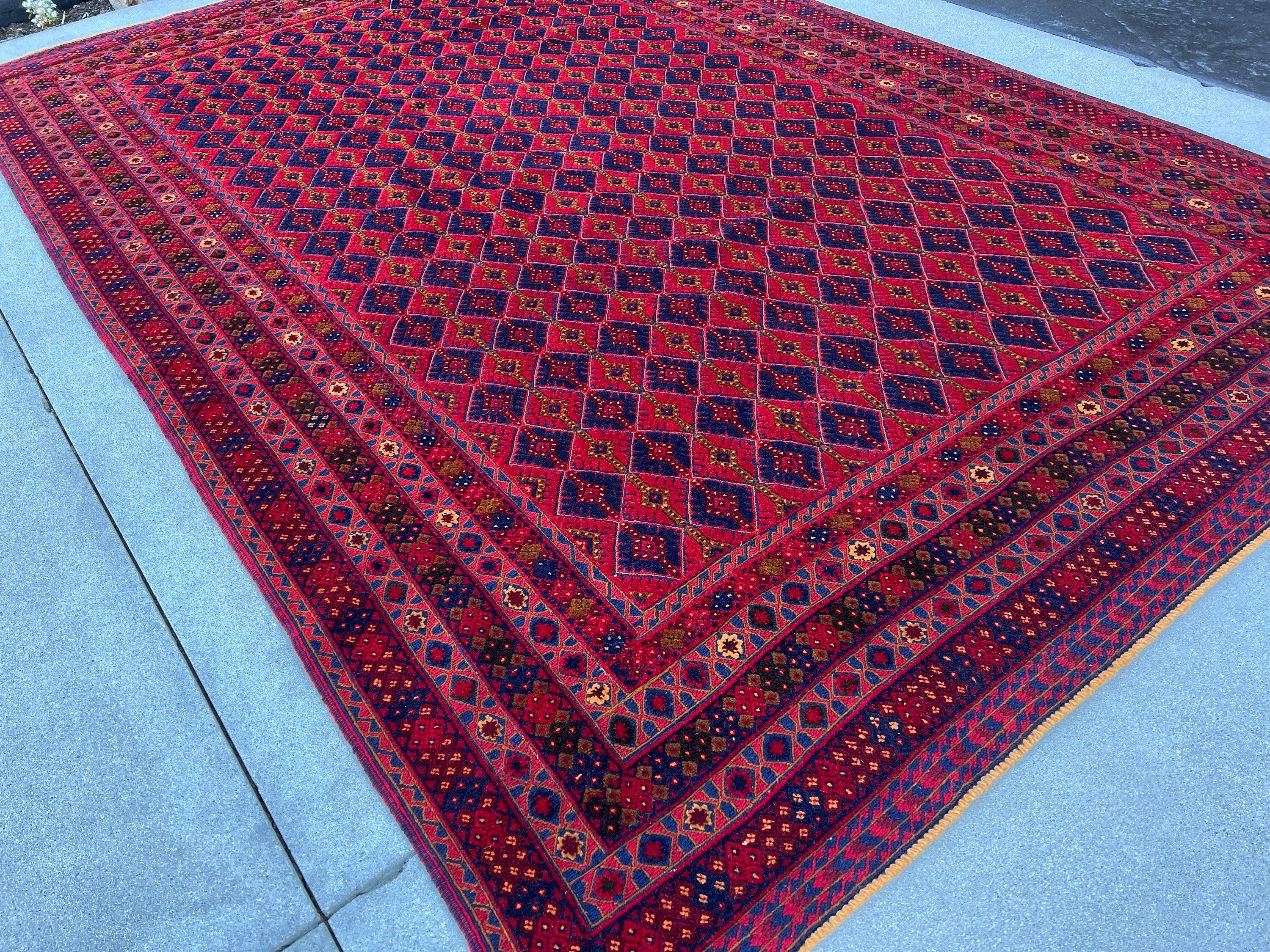 7x10 (210x322) Handmade Afghan Rug | Cherry Red Chocolate Brown Crimson Red Black Blush Pink | Mishawani Kilim Barjasta Knotted Wool Boho