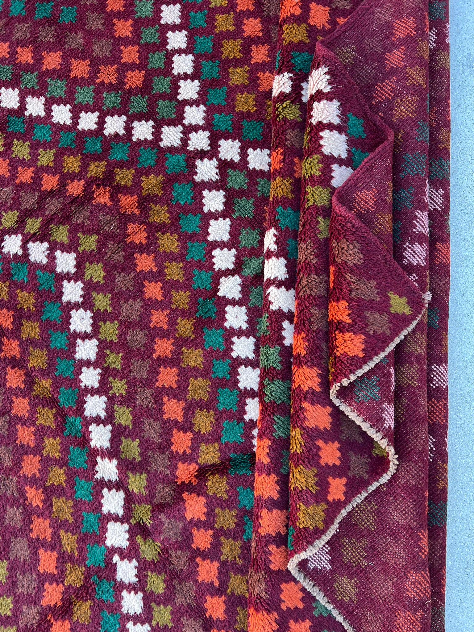 7x10 (210x322) Handmade Vintage Baluch Afghan Rug | Purple Ivory Pine Green Moss Green Chocolate Brown Burnt Orange Olive Green | Wool