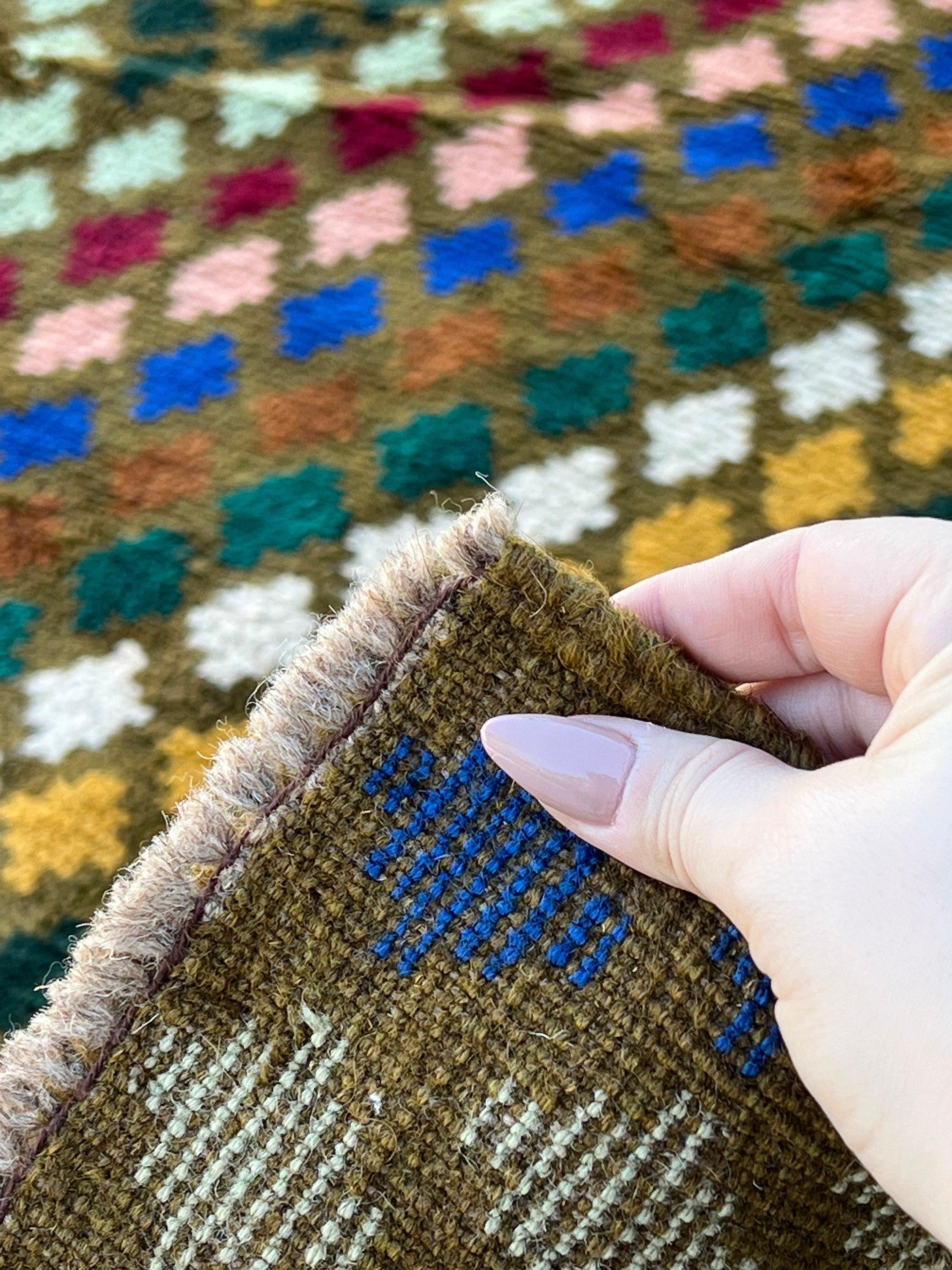 7x10 (210x322) Handmade Vintage Baluch Afghan Rug | Moss Green Ivory Crimson Red Blue Chocolate Mustard Forest Green Turquoise Rose Pink