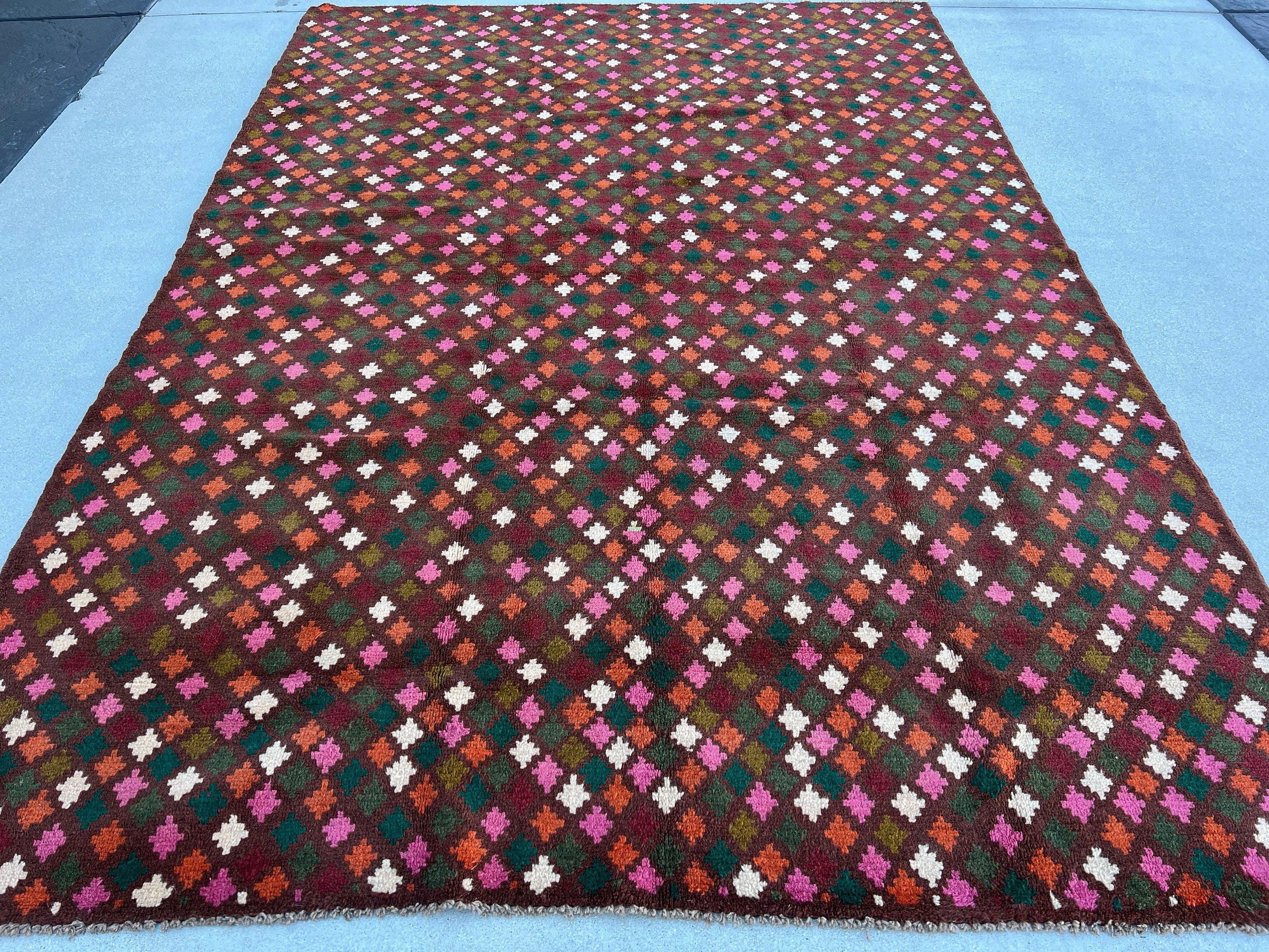 7x10 (210x322) Handmade Vintage Baluch Afghan Rug Mauve Purple Pine Green Rose Pink Ivory Burnt Orange Crimson Red Olive Moss Green Wool